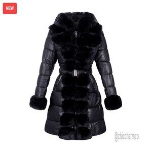 Faux Leather Puffer Coat with Fur Trim Hood, Belted Winter Jacket